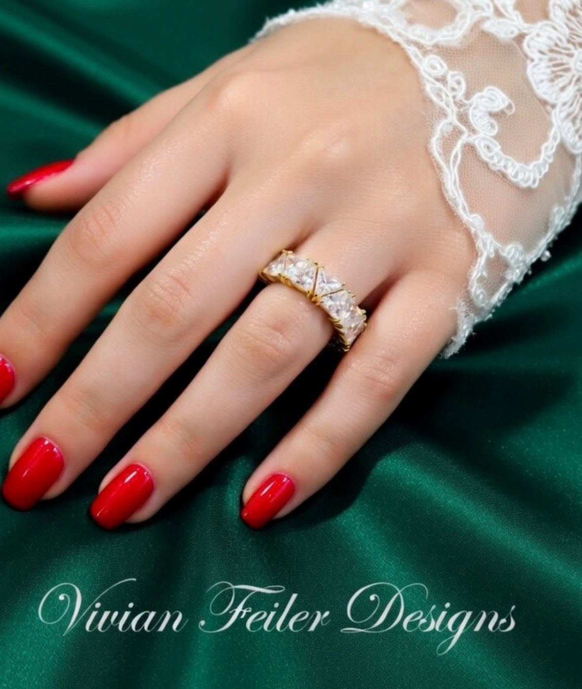 Gold Eternity Ring Band Cubic Zirconia Princess Cut Bridal Anniversary Wedding