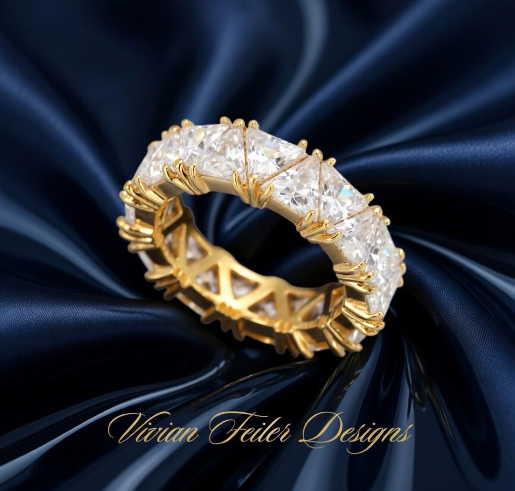 Gold Eternity Ring Band Cubic Zirconia Princess Cut Bridal Anniversary Wedding