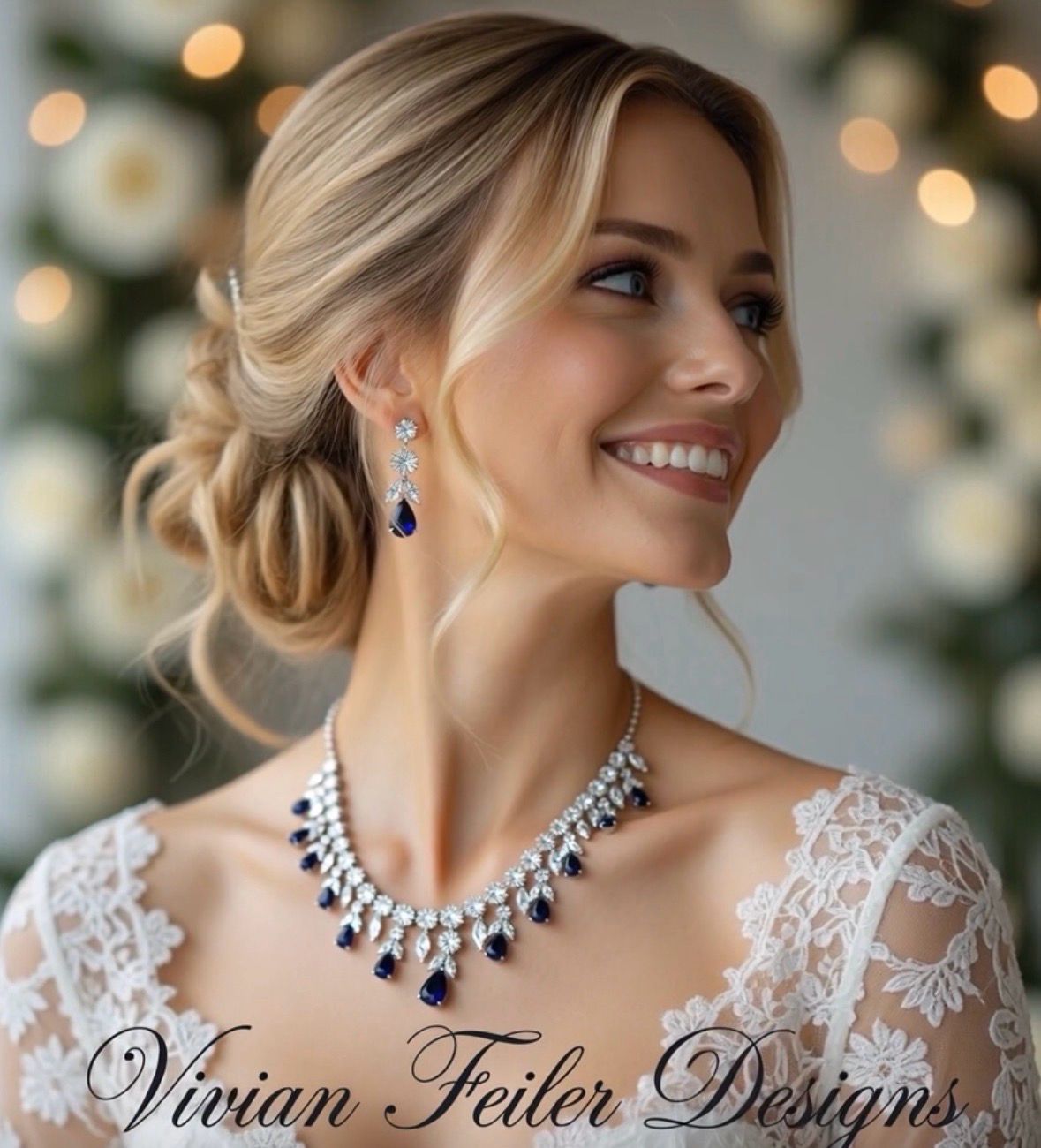 Wedding Sapphire Blue Jewelry Set CZ Necklace and Earrings, Mother of the Bride