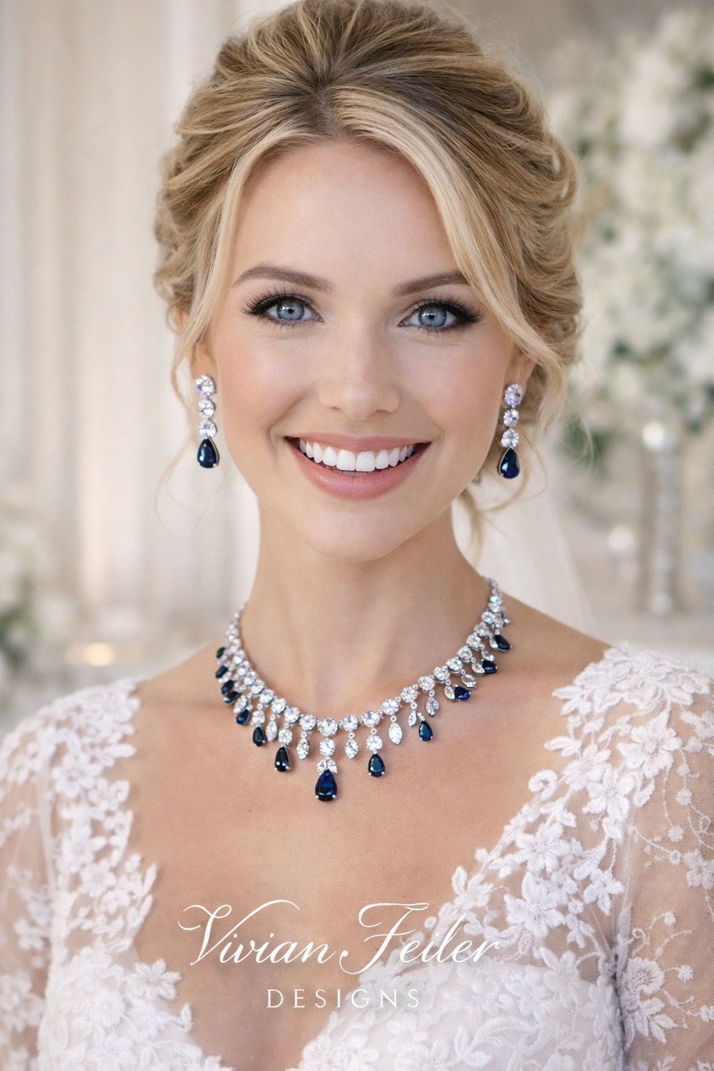 Wedding Sapphire Blue Jewelry Set CZ Necklace and Earrings, Mother of the Bride