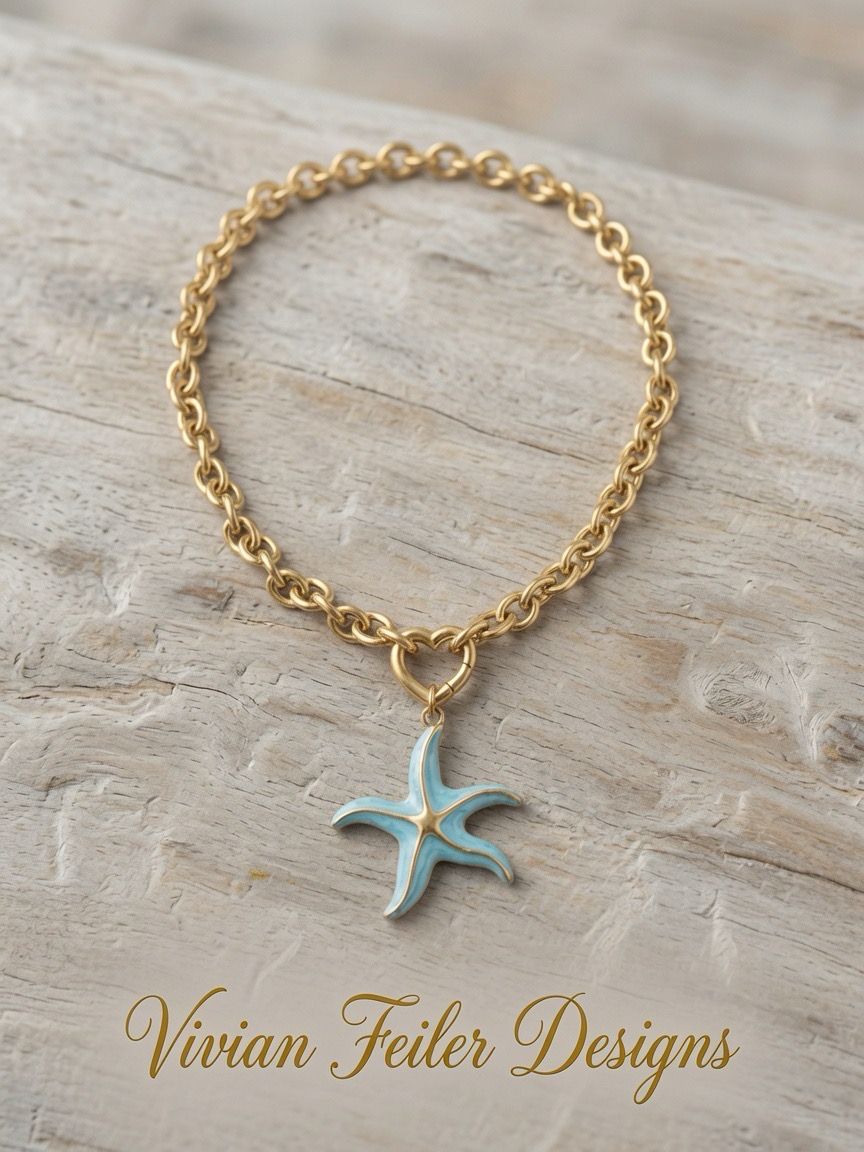 Starfish Necklace Choker Gold Light Blue Enamel Stainless Steel Beach Summer