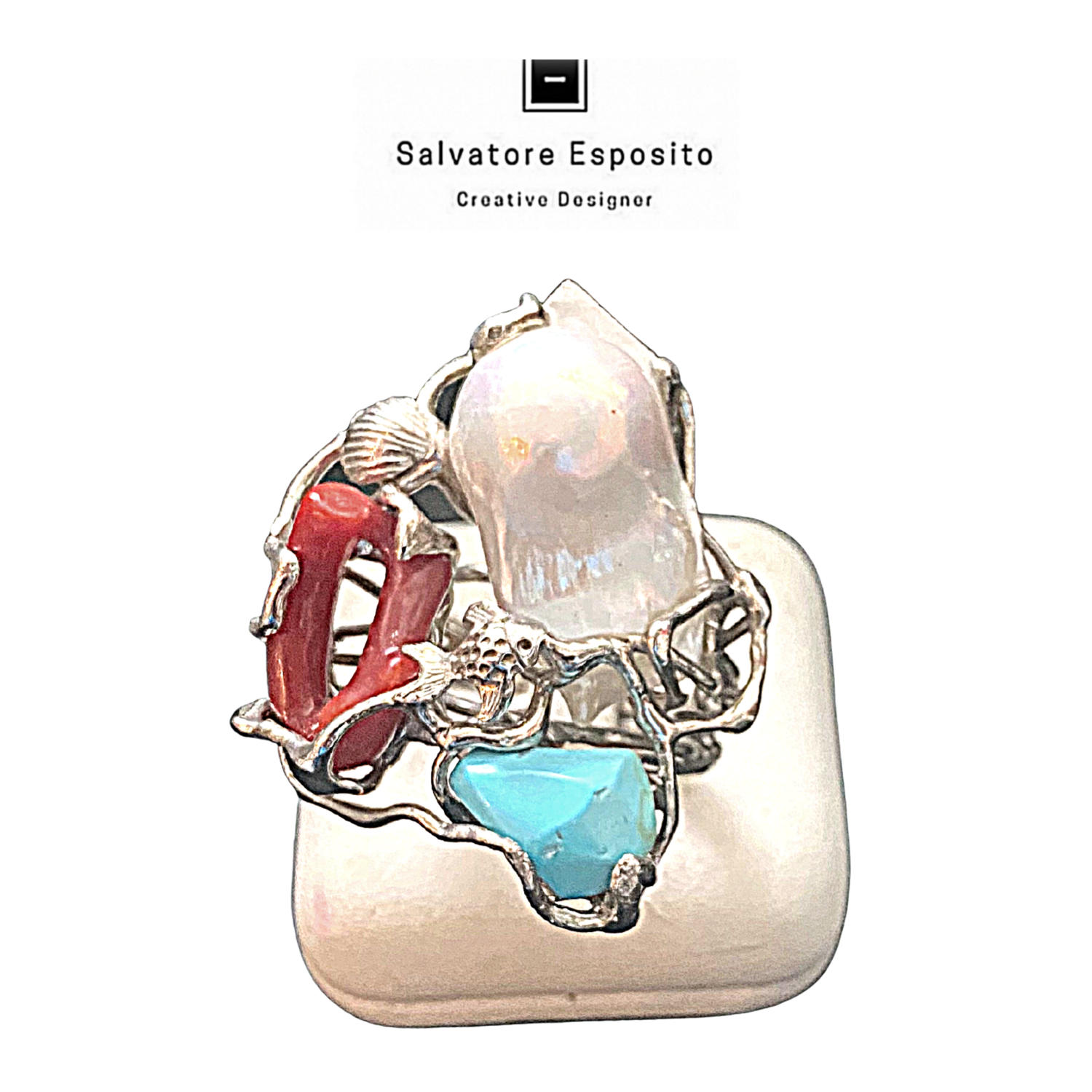 Anello acquarium Corallo , Perla , Turchese naturale fatto a mano in argento