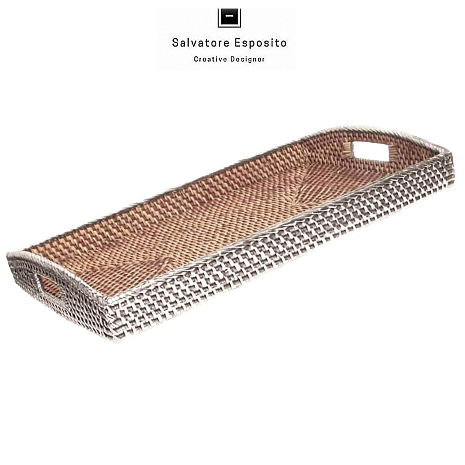 Vassoio rettangolare con manici in rattan ed argento