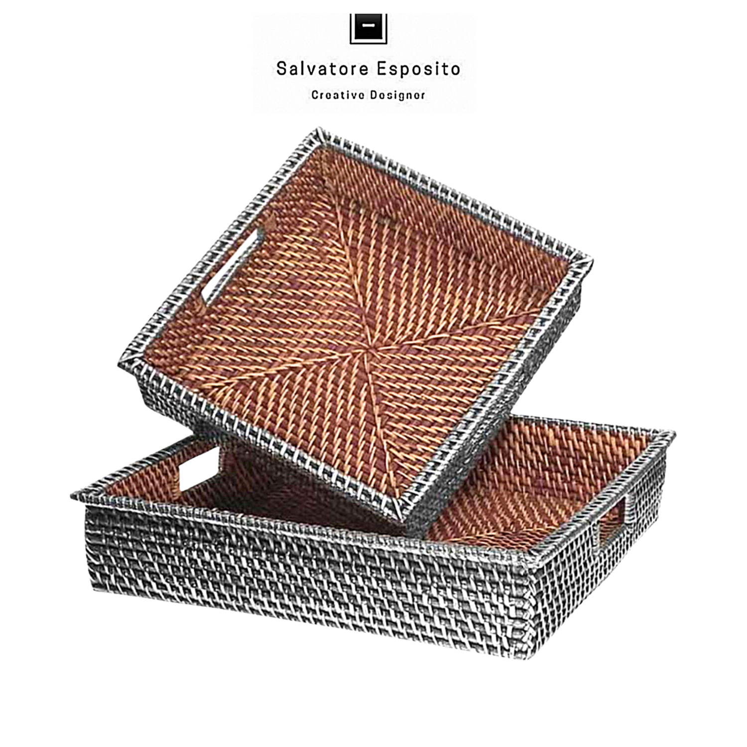 Cesto quadro con manici in rattan ed argento