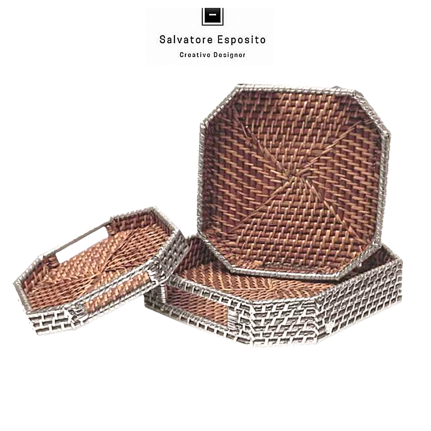 Tris svuota tasche esagonale in rattan rivestito con lamine di argento