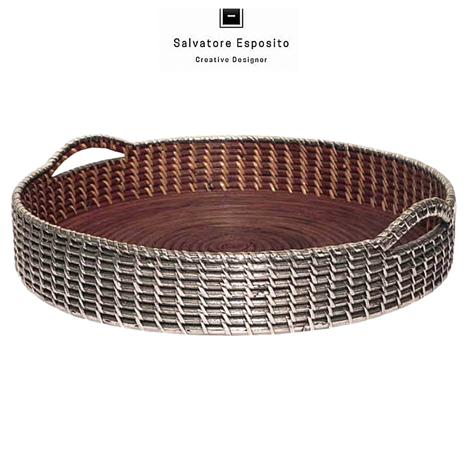 Vassoio fondo spirale con manici in rattan rivestito con lamine di argento