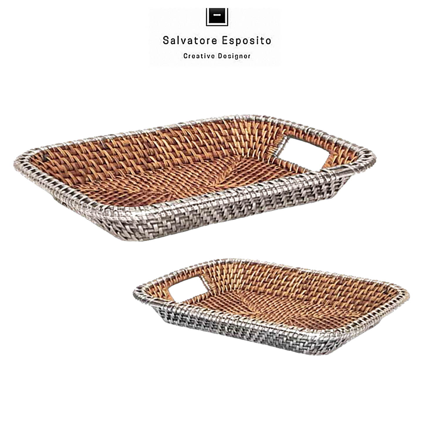 Vassoio rettangolare con manici in rattan ed argento
