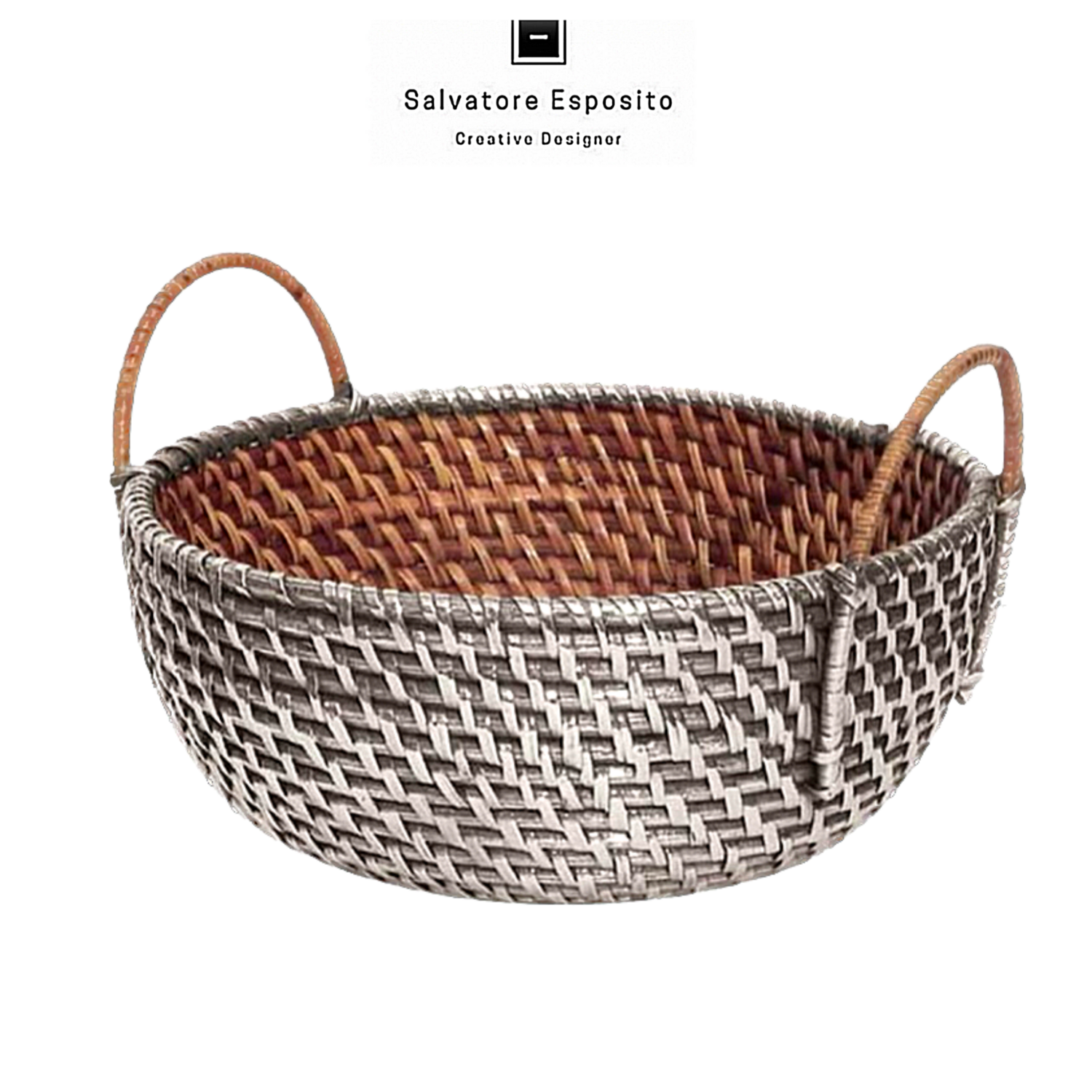 Cesto ovale con manici in rattan rivestito con lamine di puro argento