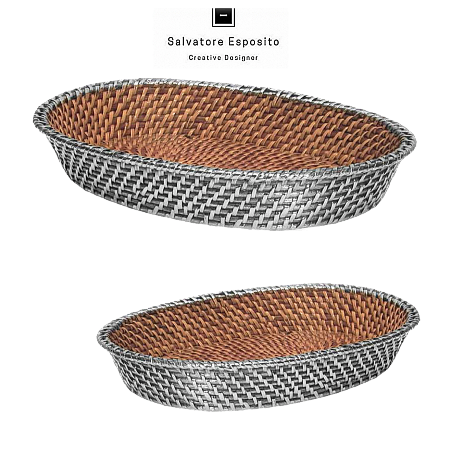 Cesto ovale con bordo in rattan ed argento