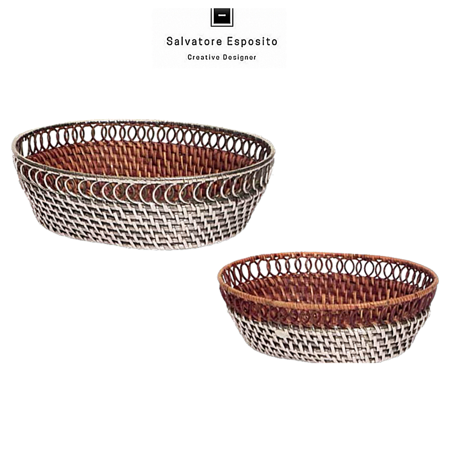 Cesto porta pane ovale traforato in rattan rivestito in argento