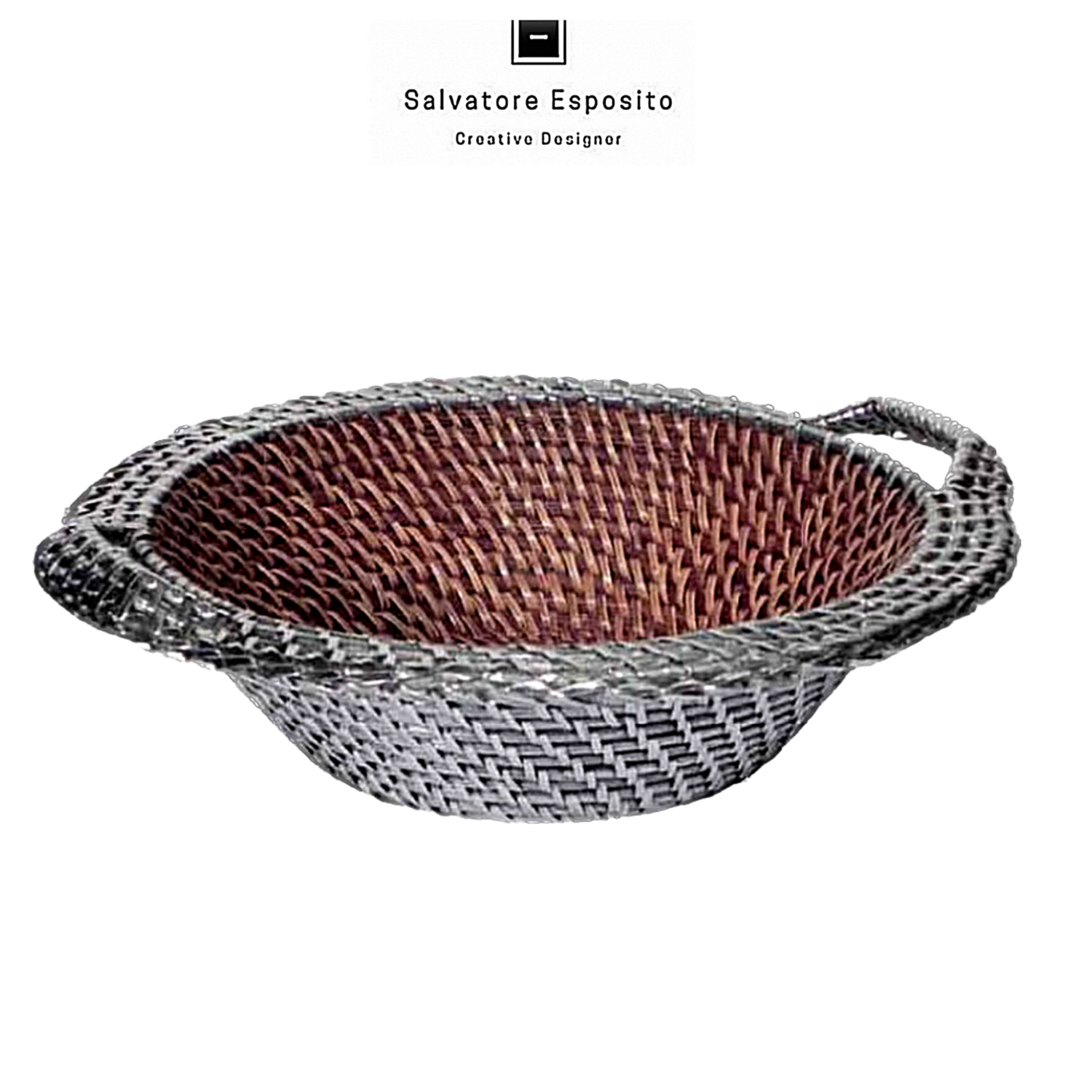 Centro tavola con manici in rattan rivestito con lamine di puro argento