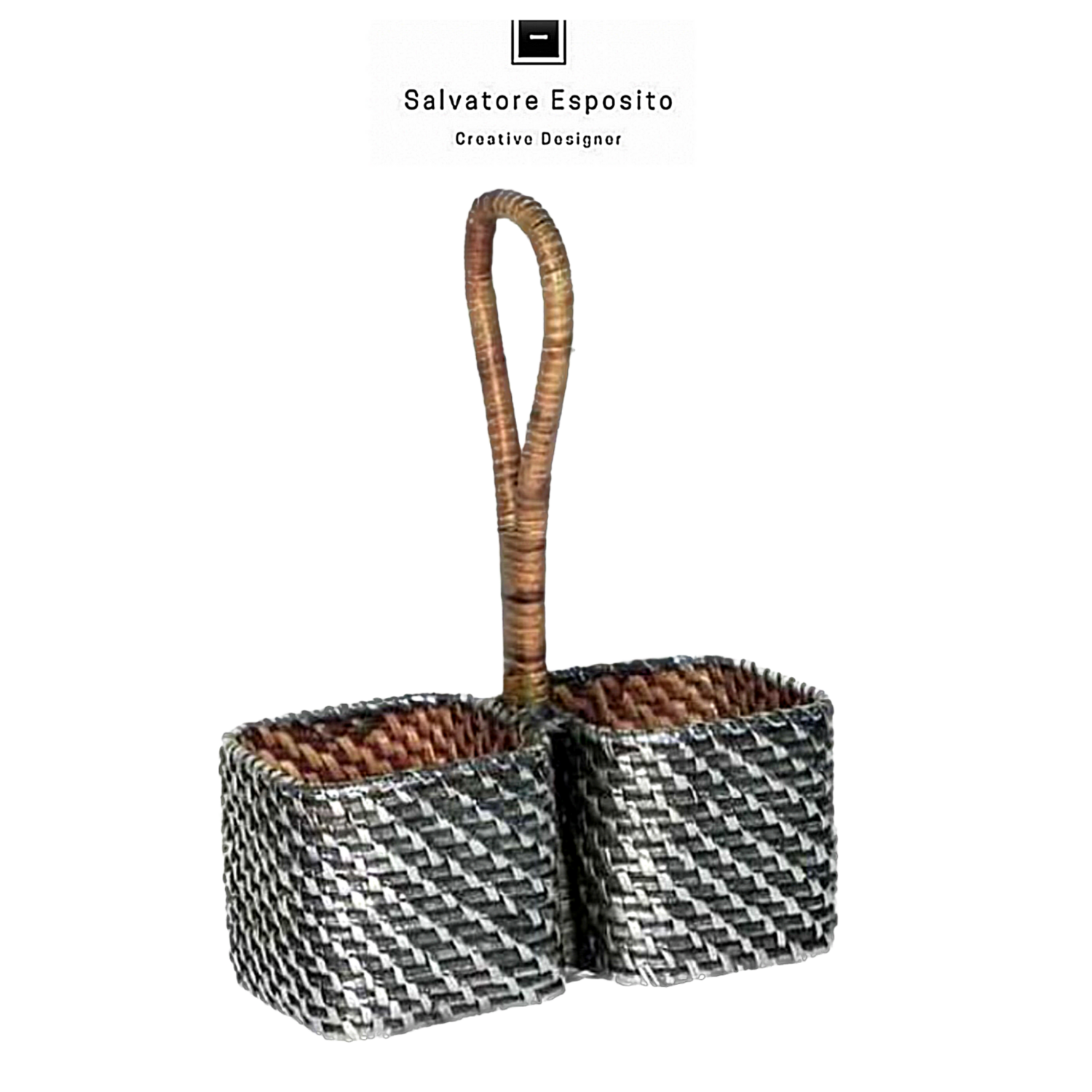 Porta condimento in rattan rivestito in lamine di puro argento