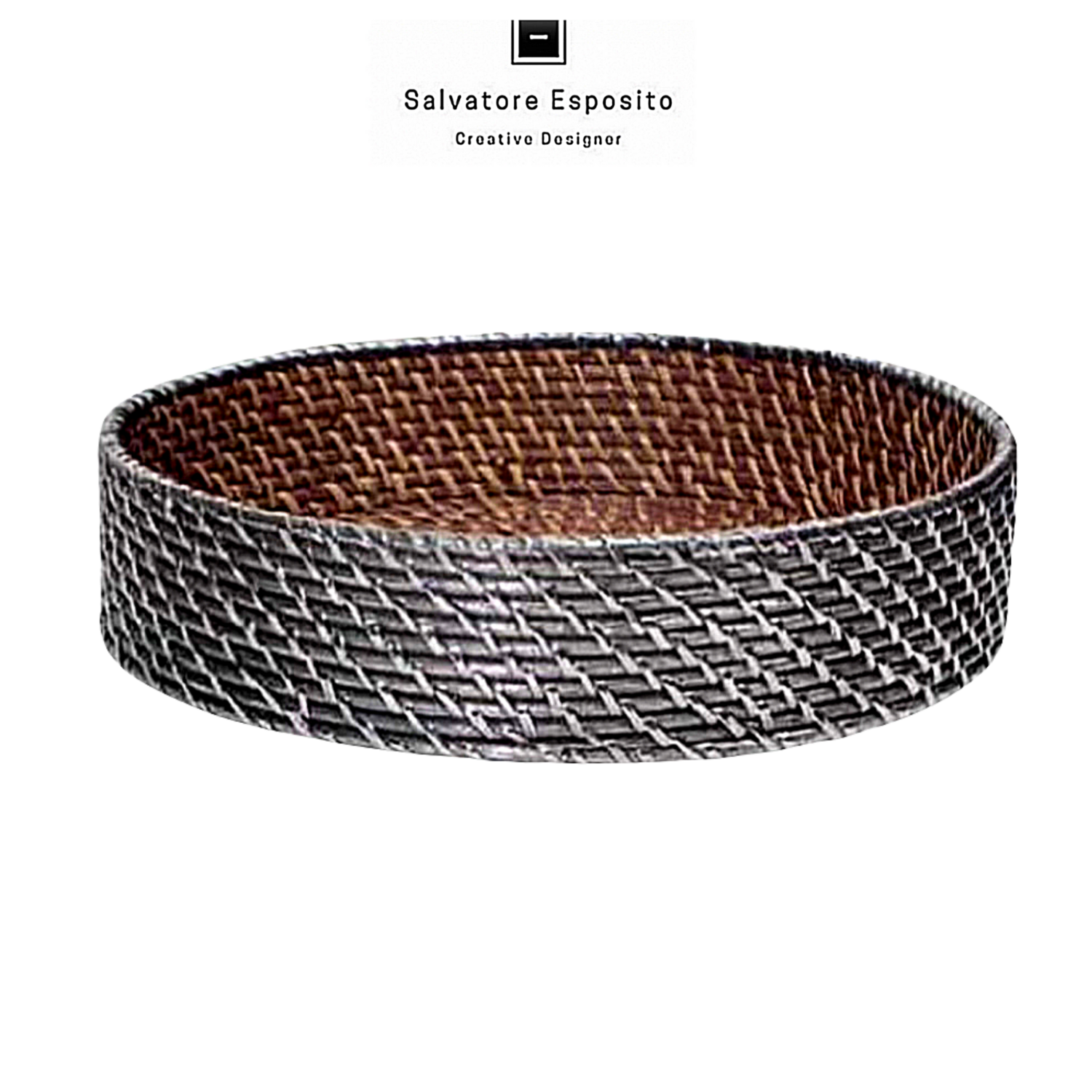 Vassoio circolare in rattan rivestito in argento