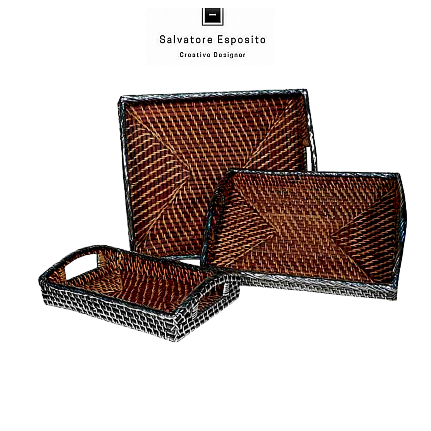 Vassoio rettangolare con manici in rattan rivestito in argento