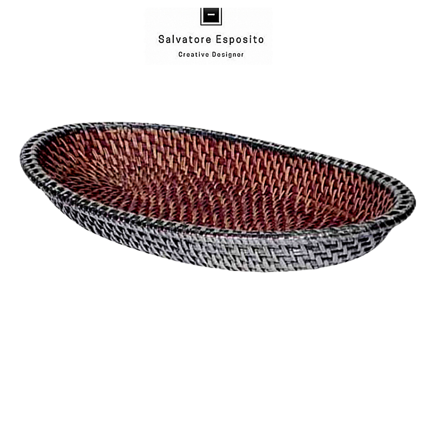 Vassoio ovale in rattan rivestito con lamine di puro argento
