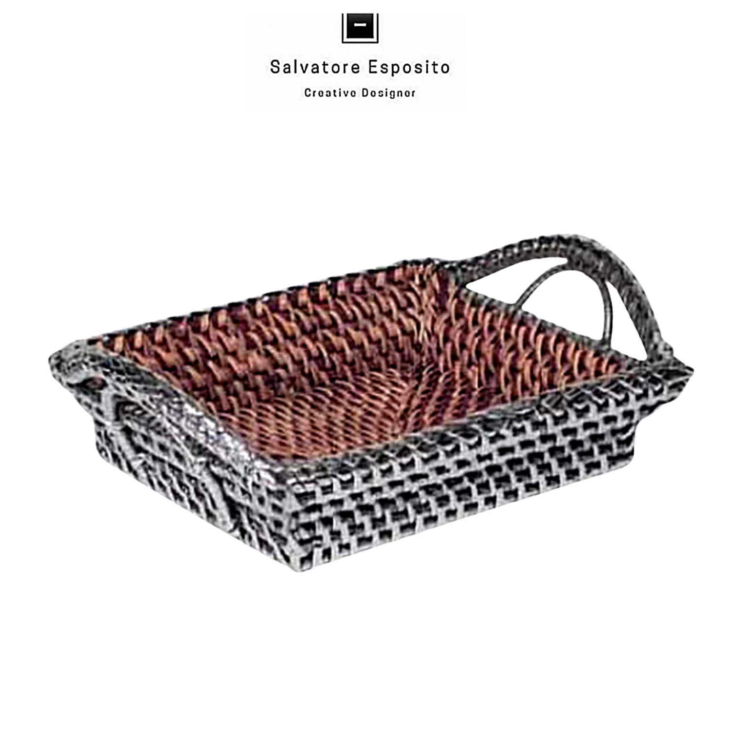 Vassoio rettangolare con manici in rattan rivestito in argento