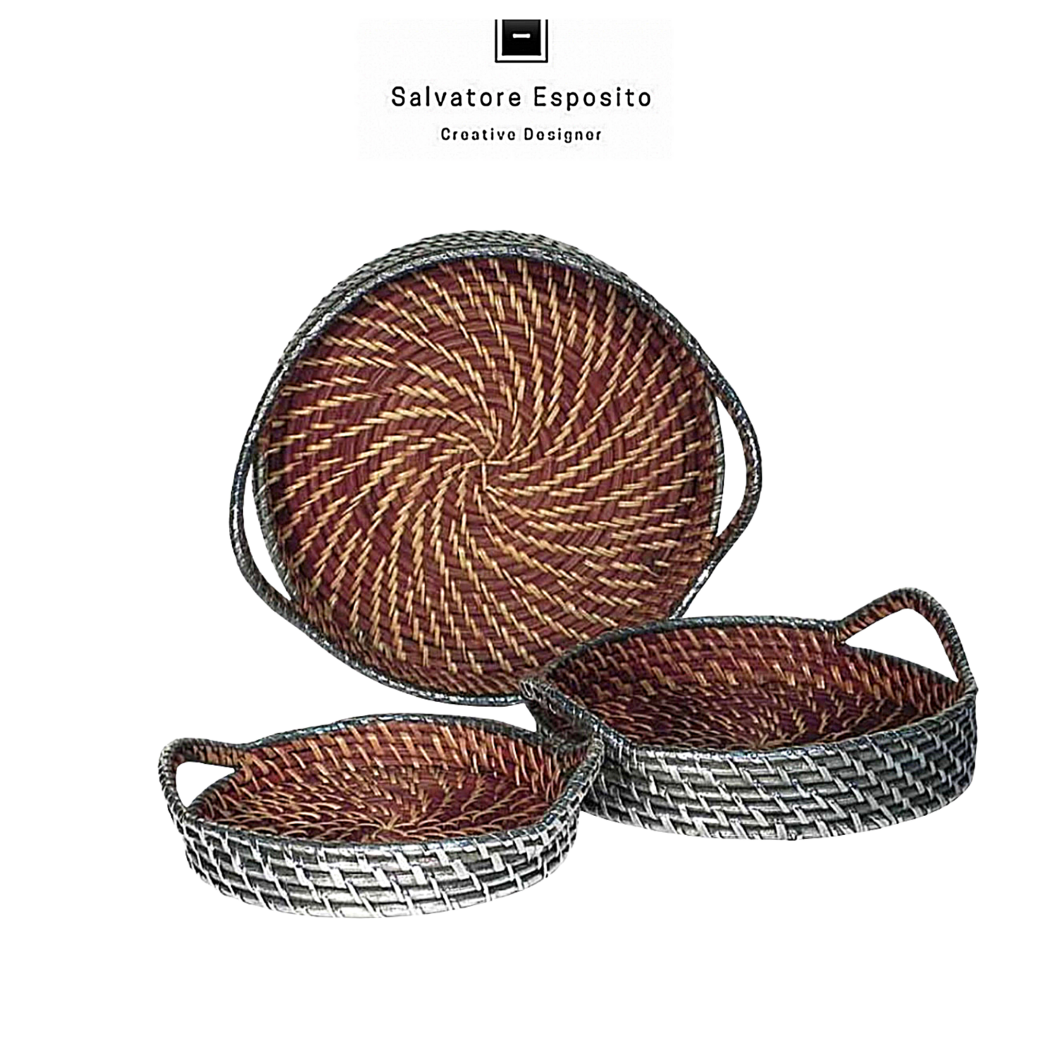 Vassoio tondo con manici in rattan rivestito in argento