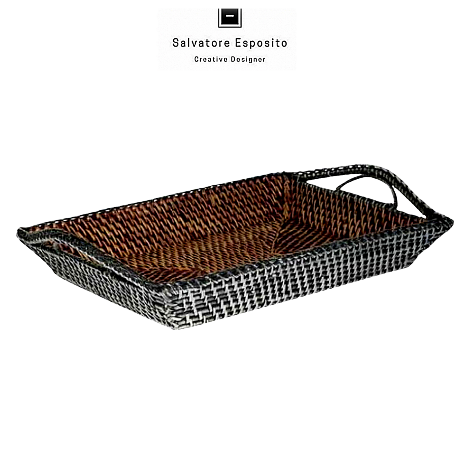 Vassoio rettangolare con manici in rattan rivestito in argento