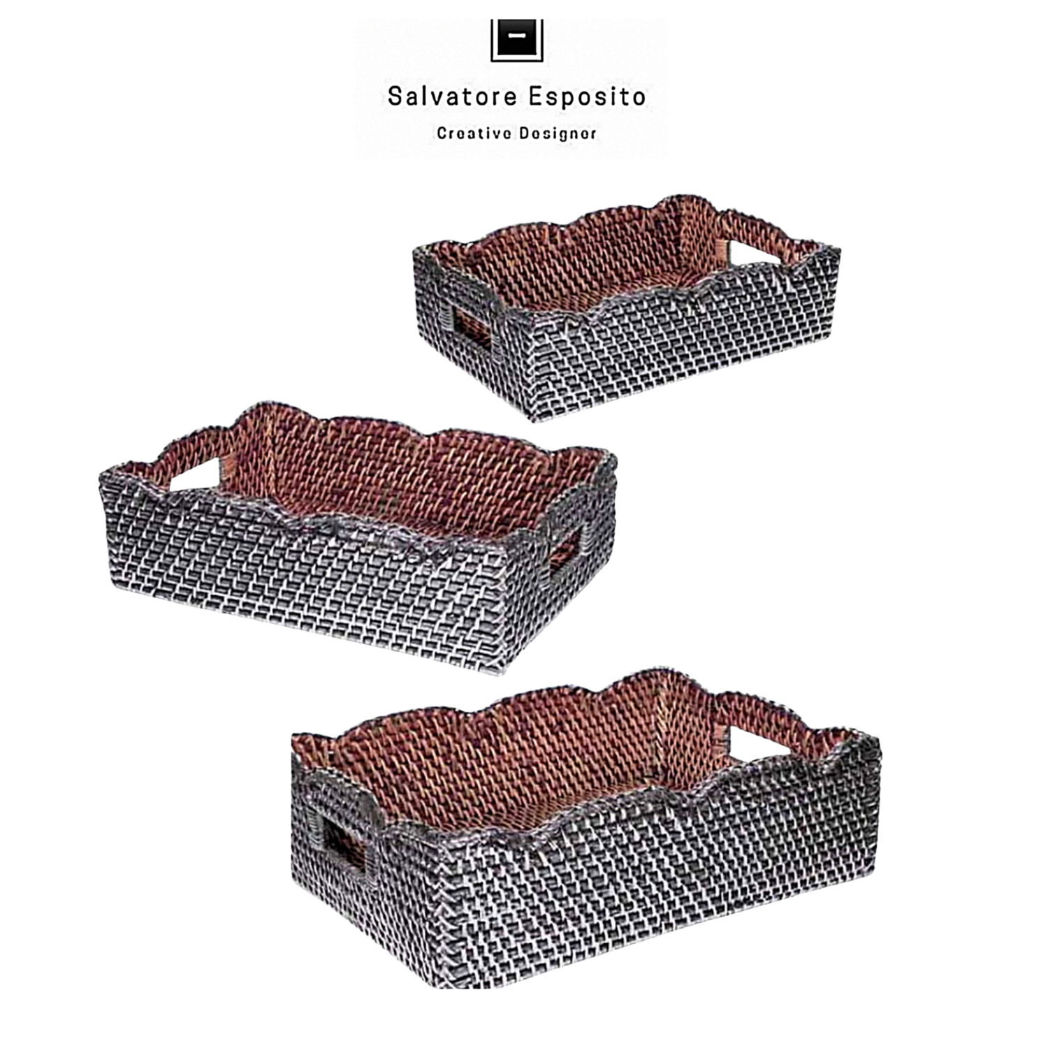 Cesto rettangolare con manici in rattan rivestito in argento