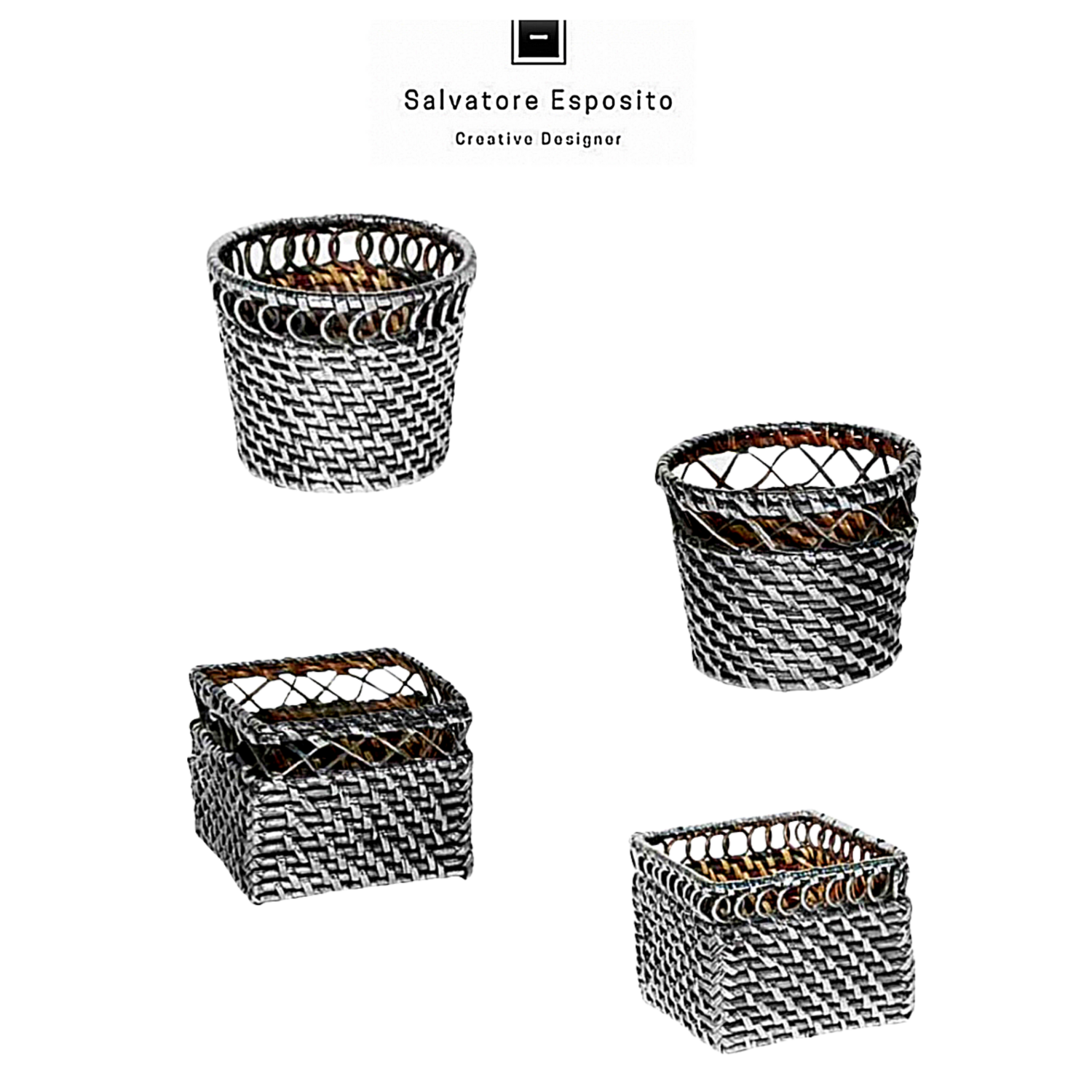 Cestini Tondo e Quadro con ricciolo e Rombo in rattan rivestito in argento