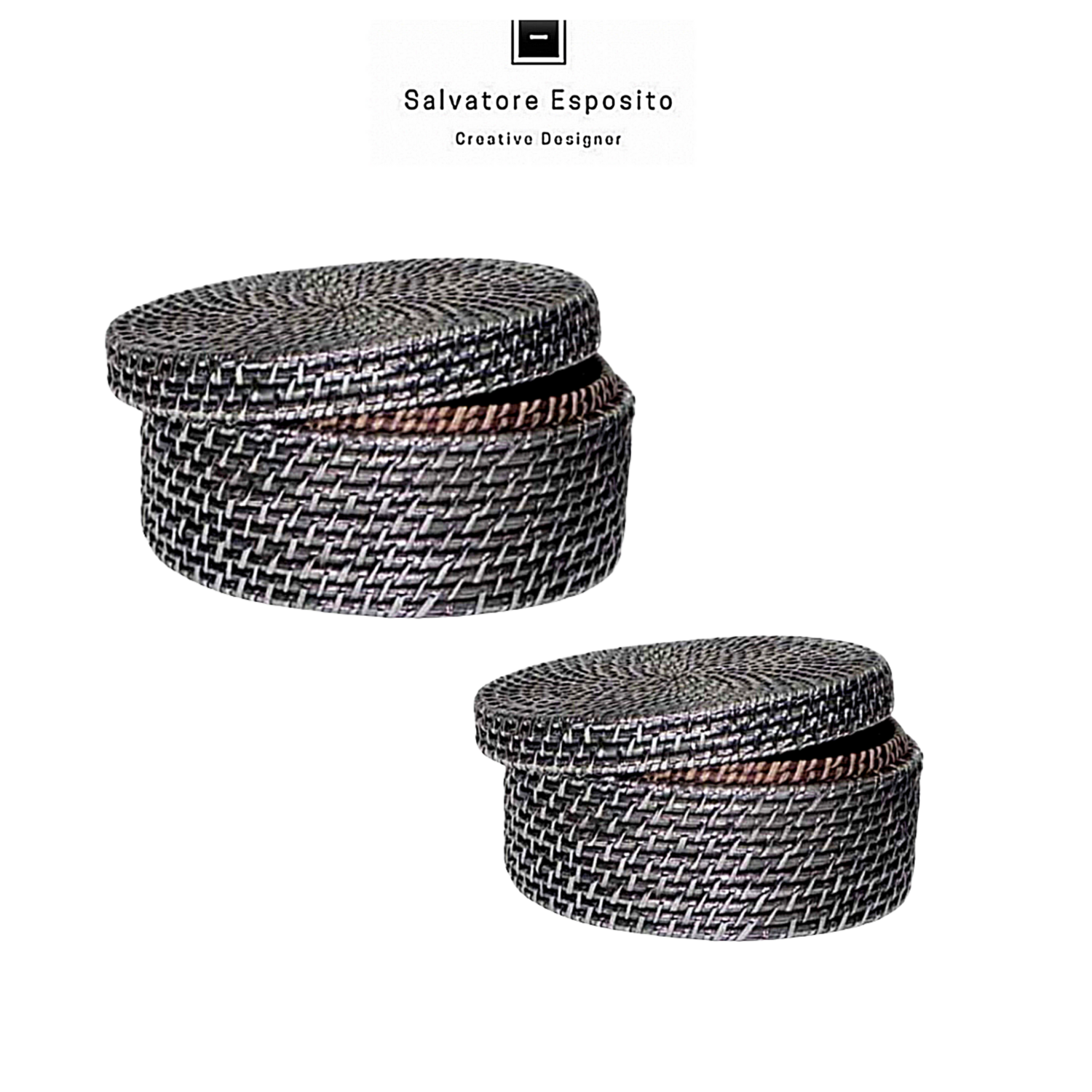 Scatola tonda in rattan rivestita in argento