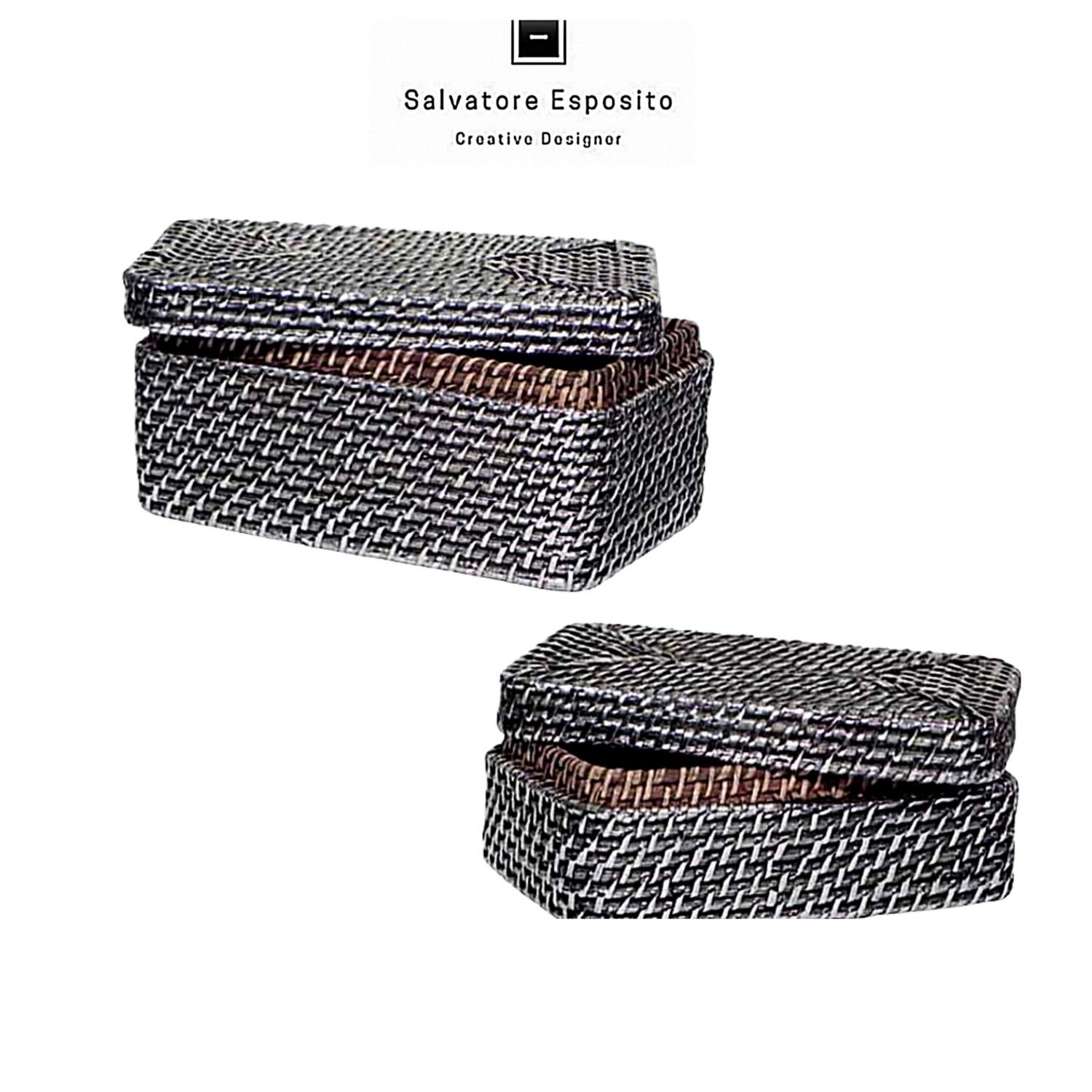 Scatola rettangolare in rattan rivestito in argento