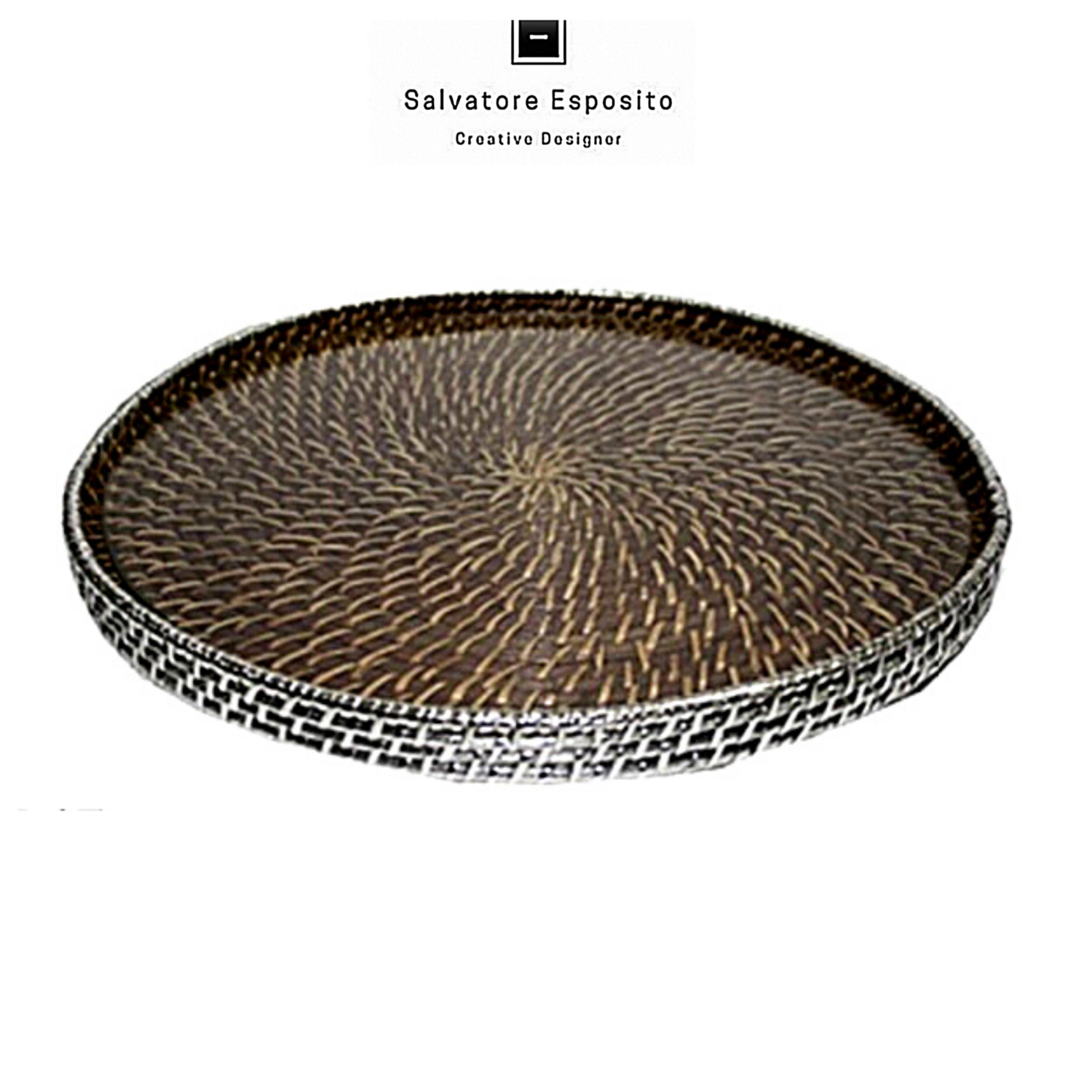 Vassoio tondo interno plexiglass in rattan rivestito in argento