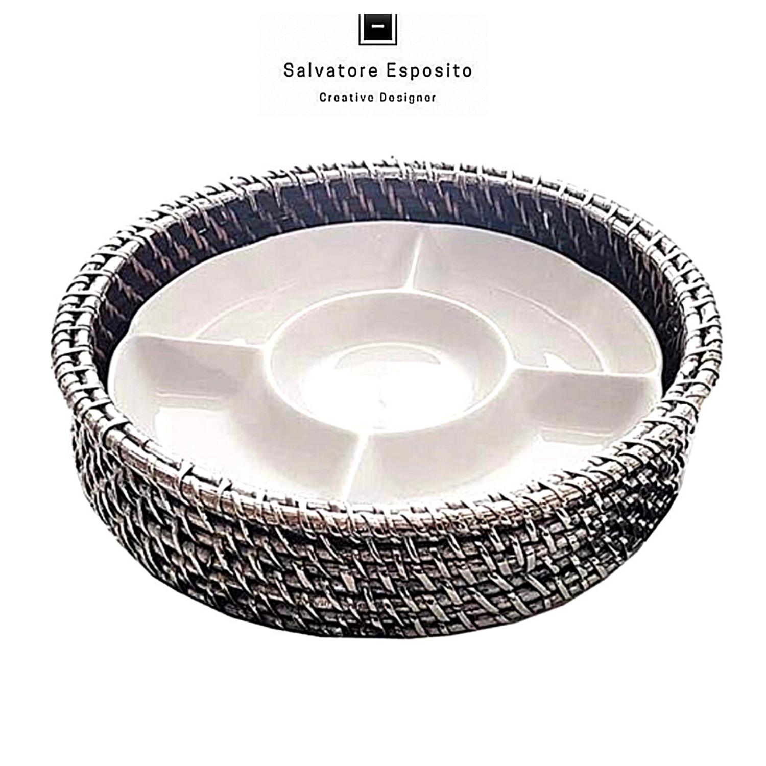 Vassoio tondo in rattan rivestito in argento e porcellana