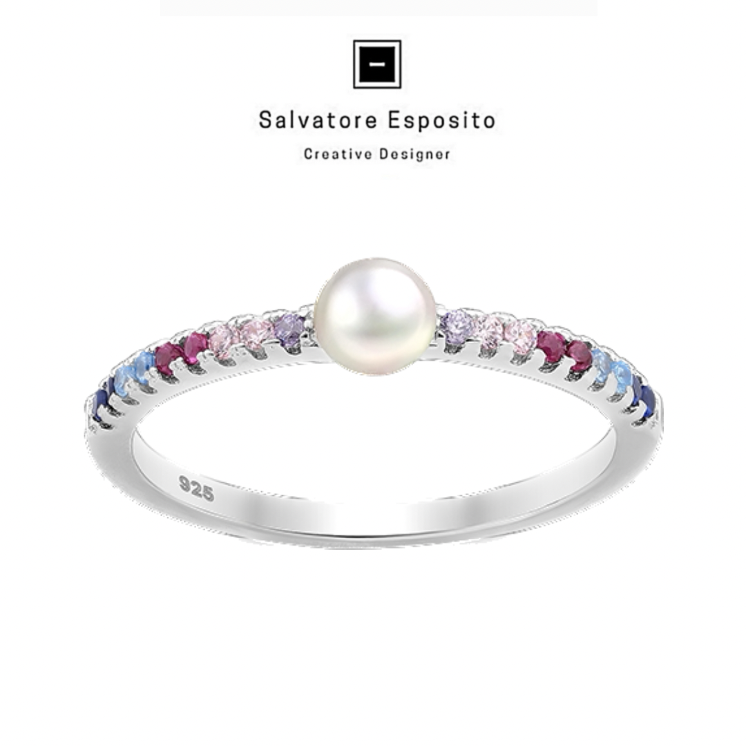 Anello fedina perla in argento e zirconi colorati