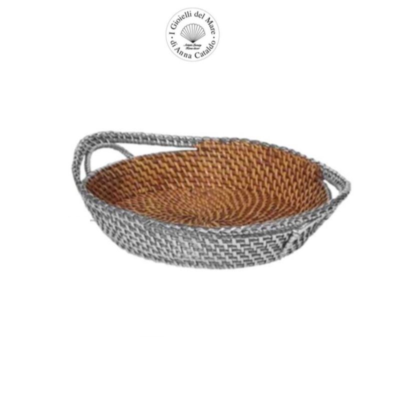 Cesto ovale con manici in rattan rivestito in argento