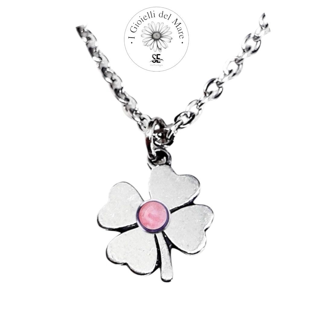 Ciondolo quadrifoglio in argento Quarzo Rosa