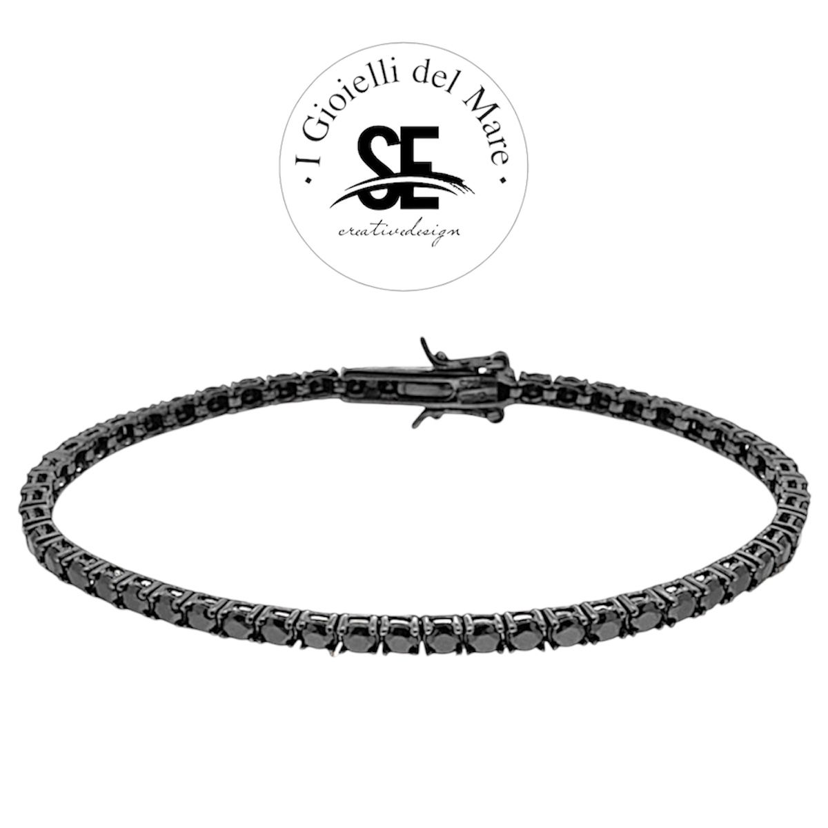 Bracciale Tennis Griffe cm 21 con Zirconi mm 2 Neri in ARGENTO 925 Galvanica Rutenio