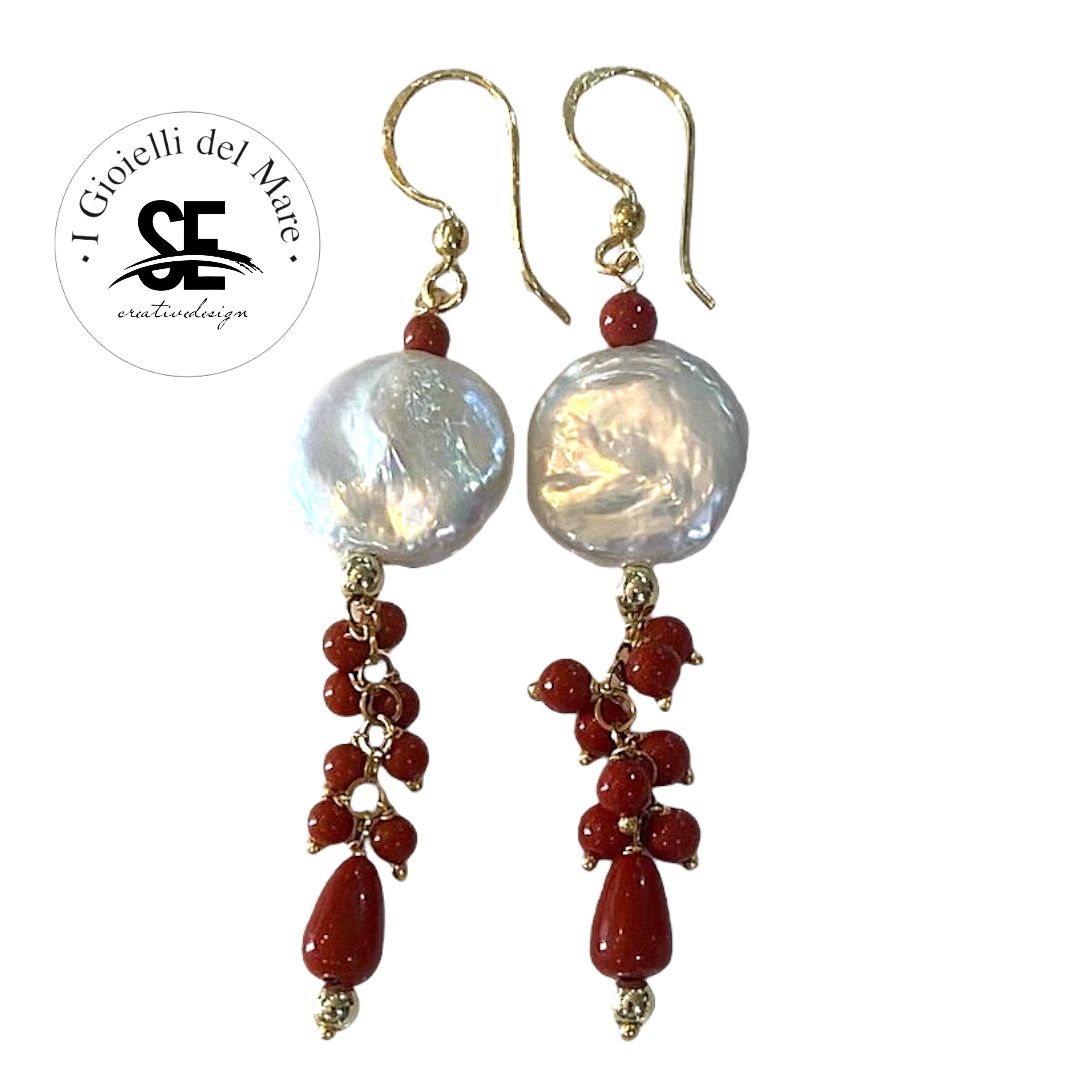 Orecchini perle di acqua dolce con corallo sardegna in argento 925