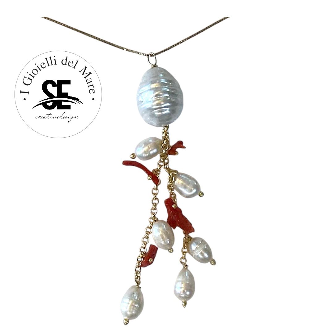 Collier perle di acqua dolce con corallo Sardegna in argento 925