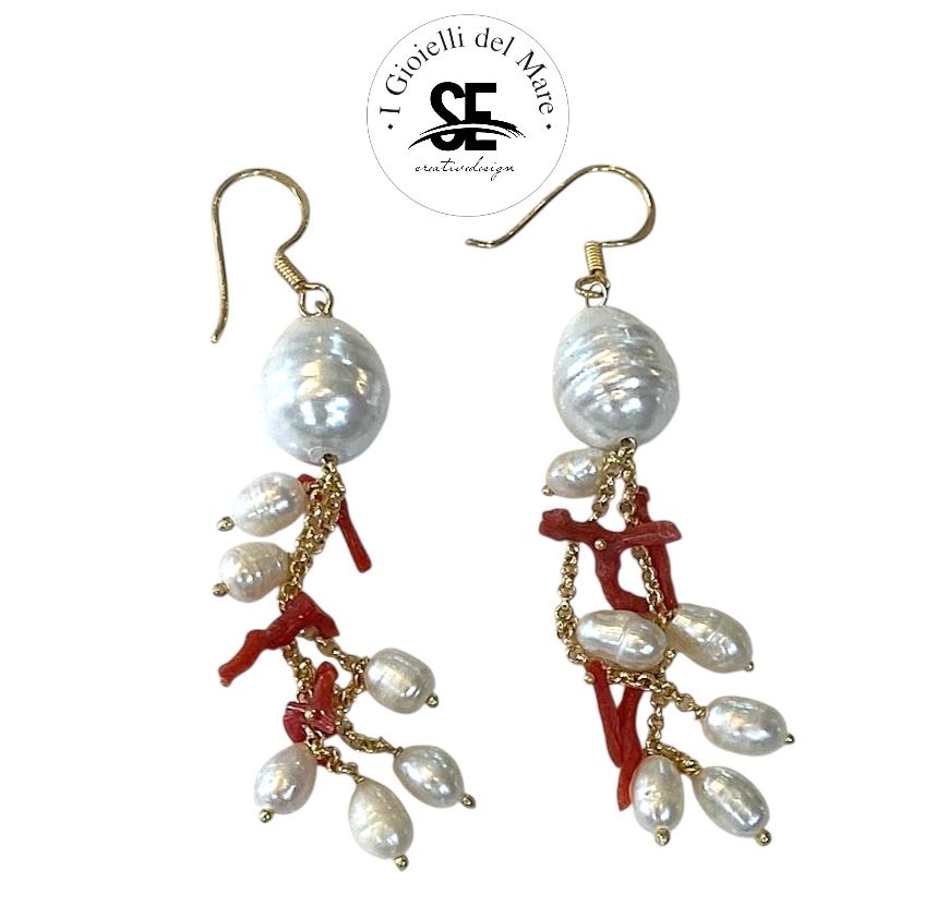 Orecchini perle di acqua dolce con corallo Sardegna in argento 925