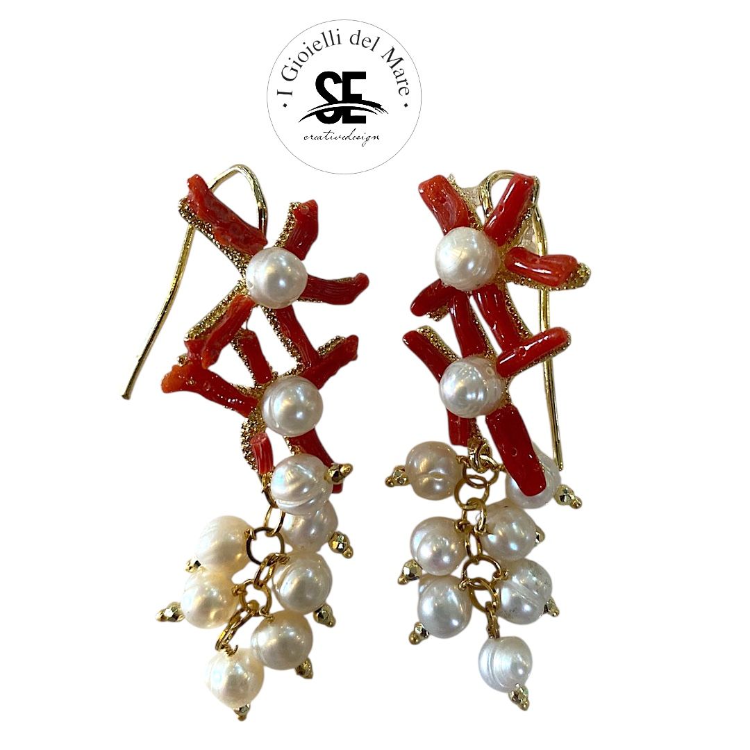 Orecchini Corallo Sardegna con perle di acqua dolce in argento 925