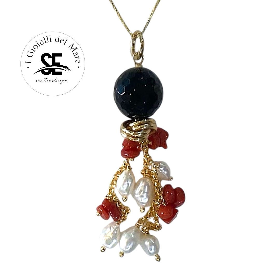 Collier onice con corallo sardegna e perle di acqua dolce in argento 925