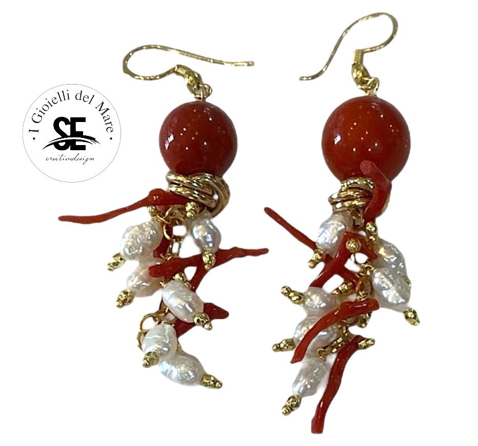 Orecchini pasta di corallo rosso con perle di acqua dolce e corallo Sardegna in argento 925