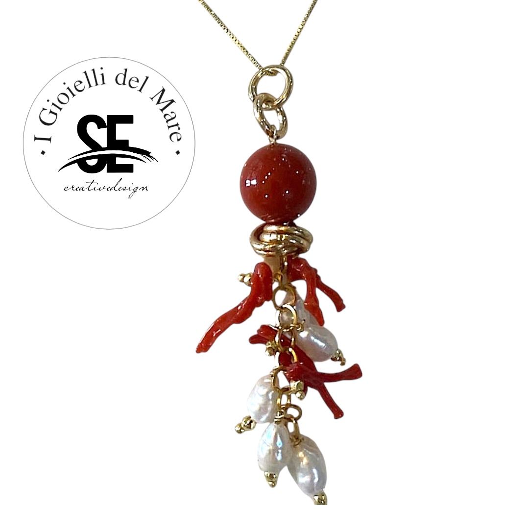collier pasta di corallo rosso con corallo sardegna e perle di acqua dolce
