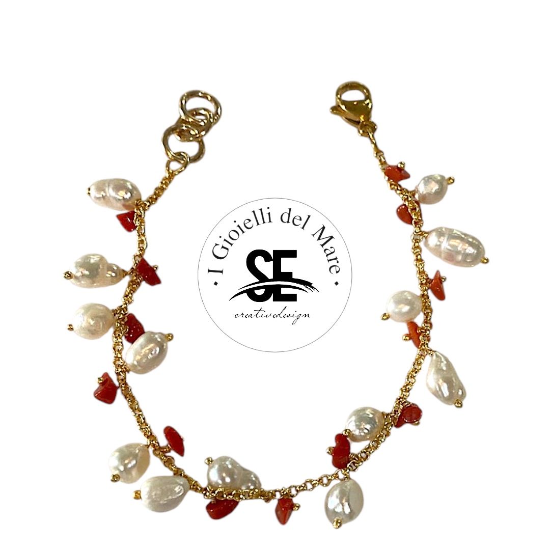 Bracciale charme perle di aqua dolce e corallo sardegna in placcato argento 925