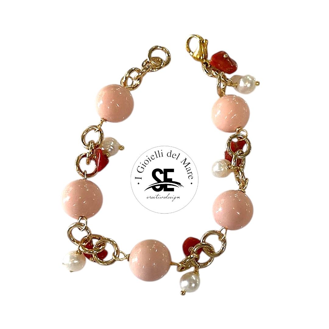 Bracciale pasta di corallo rosa con perle acqua dolce e corallo sardegna in argento 925