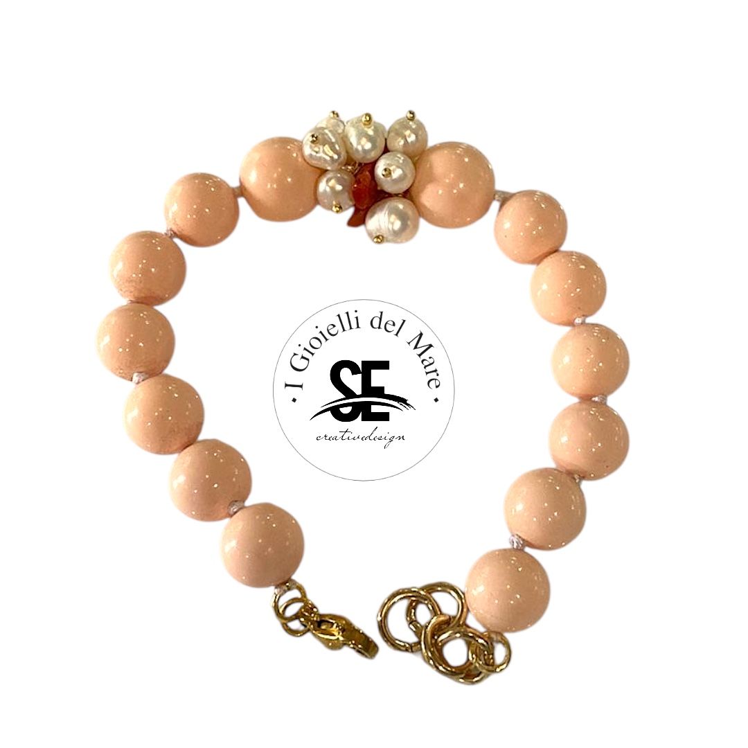 Bracciale corallo pasta di corallo rosa con perle e corallo sardegna