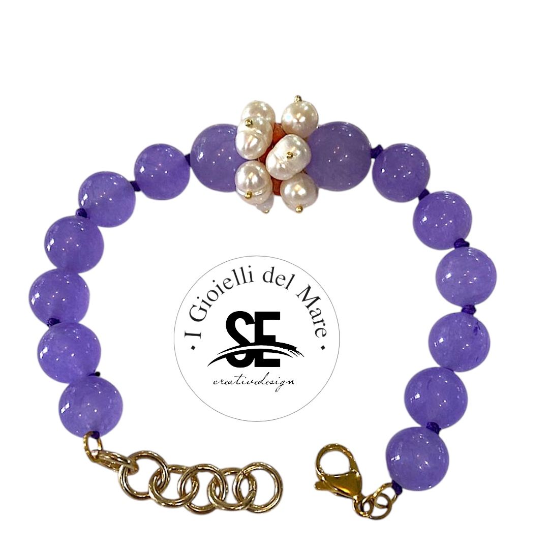 Bracciale agata viola con perle di acqua dolce e corallo rosso in argento 925