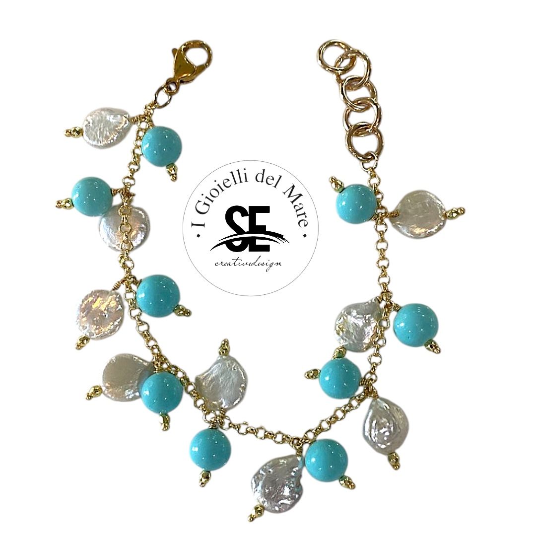 Bracciale charme pasta di turchese con perle di acqua dolce in placcato argento 925