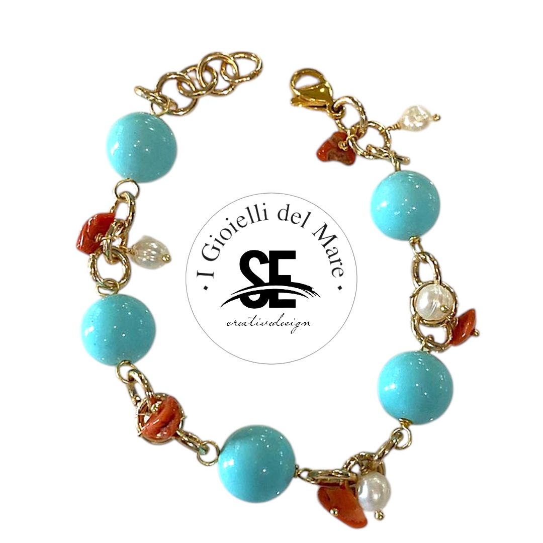 Bracciale pasta di turchese e corallo rosso , perle di acqua dolce in argento 925