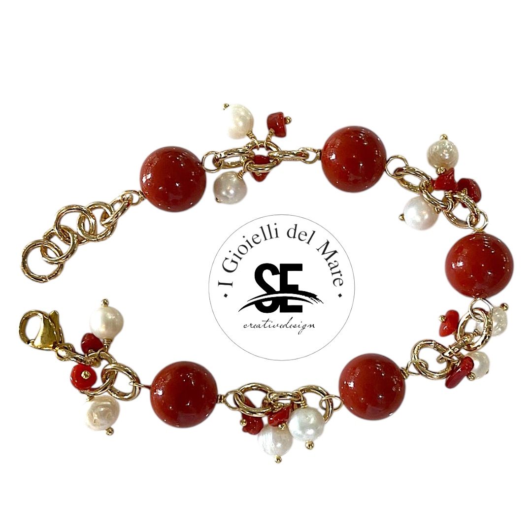 Bracciale pasta di corallo rosso e perle di acqua dolce con corallo naturale in argento 925