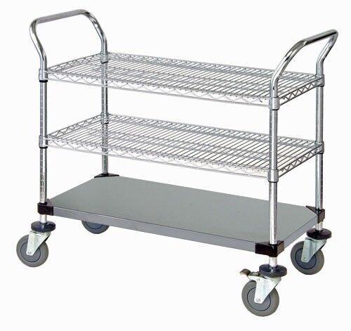 Utility Cart - 2 Stainless Wire 1 Stainless Solid Shelf