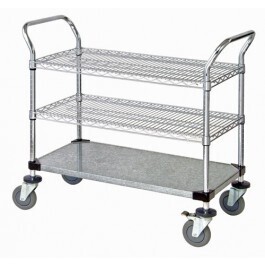 Utility Cart - 2 Chrome Wire 1 Solid Galvanized Shelf