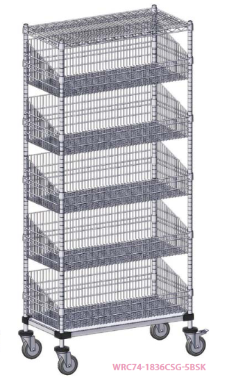 Mobile 4 Post 5 Wire Basket Units W/2 Shelves +Acc