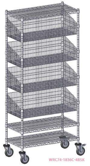 Mobile 4 Post 4 Wire Basket Units W/3 Shelves, Cover +Acc